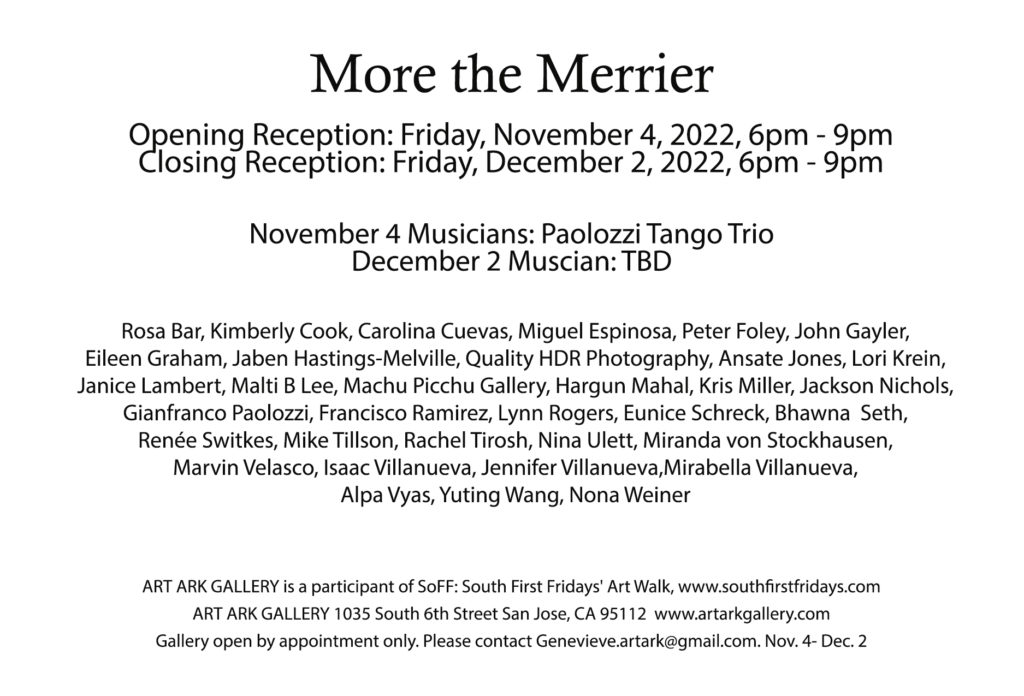 more the merrier, art show postcard. reception dates and artist list